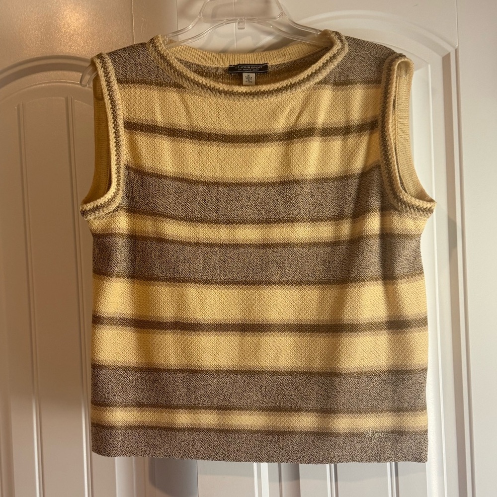 St. John Sport Marie Gray Vintage Yellow Striped Knit Sweater Vest - Medium
